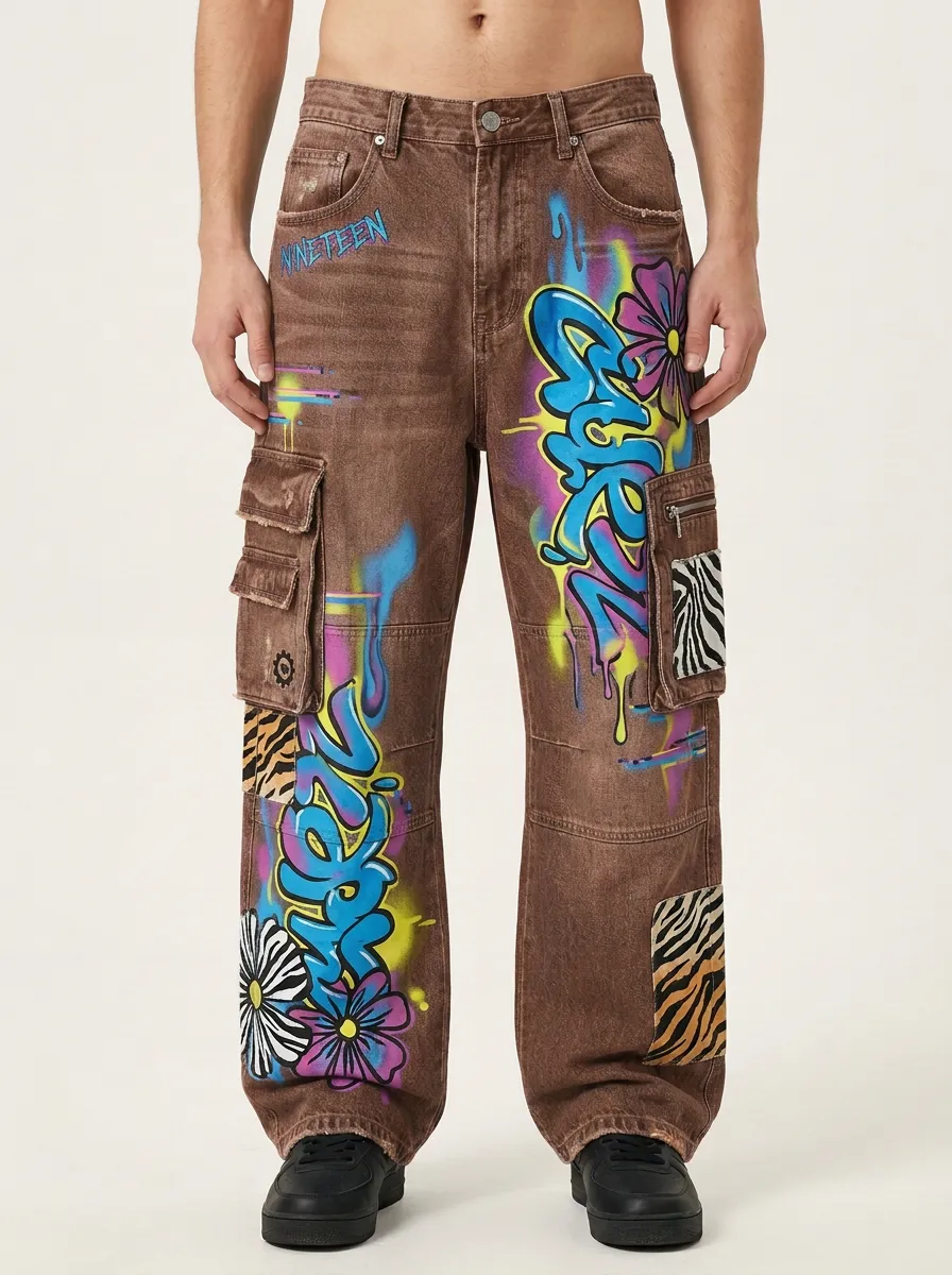 Men's Streetwear Graffiti Flower Zebra Patchwork Graphic Cargo Jeans