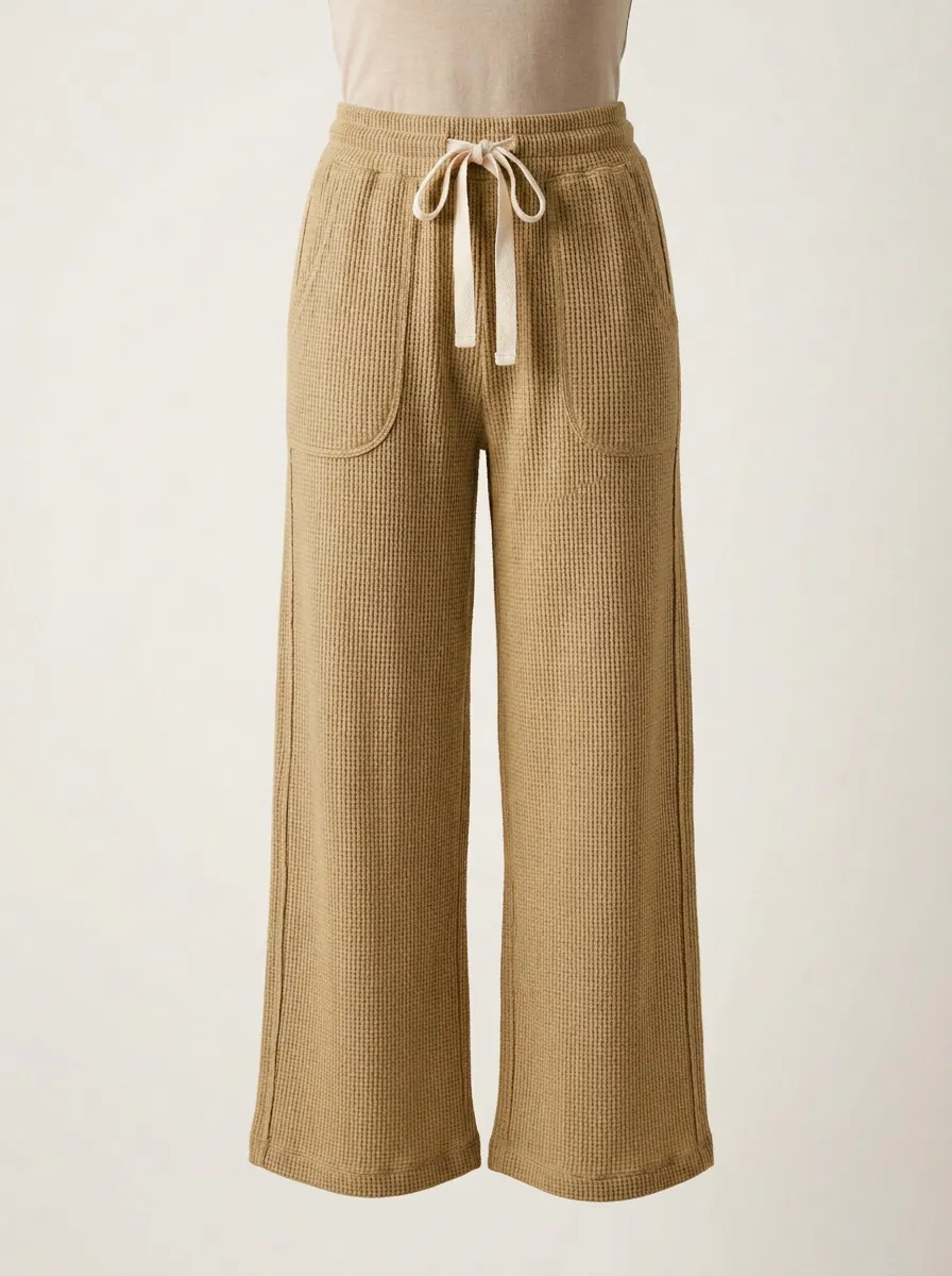 Women's Casual Beige Waffle Knit Drawstring Wide Leg Pants