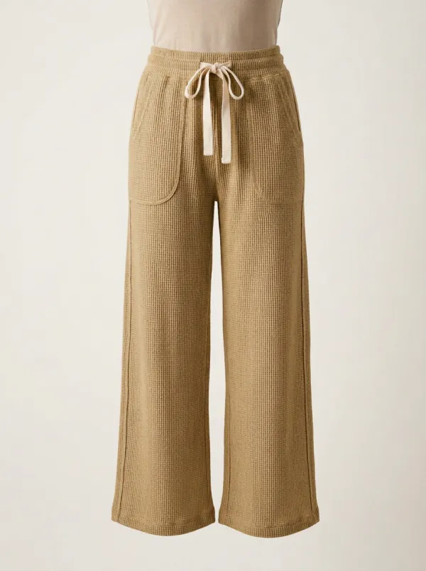 Women's Casual Beige Waffle Knit Drawstring Wide Leg Pants