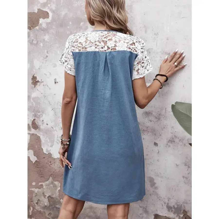 Lace Button Detail Round Neck Mini Dress