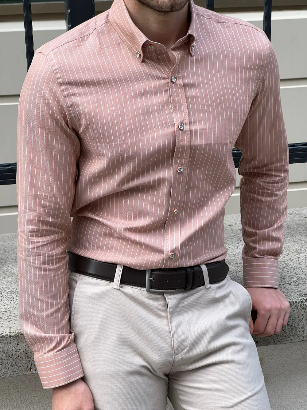 Textured Button Collar Slim Fit Striped Cotton Casual Shirt