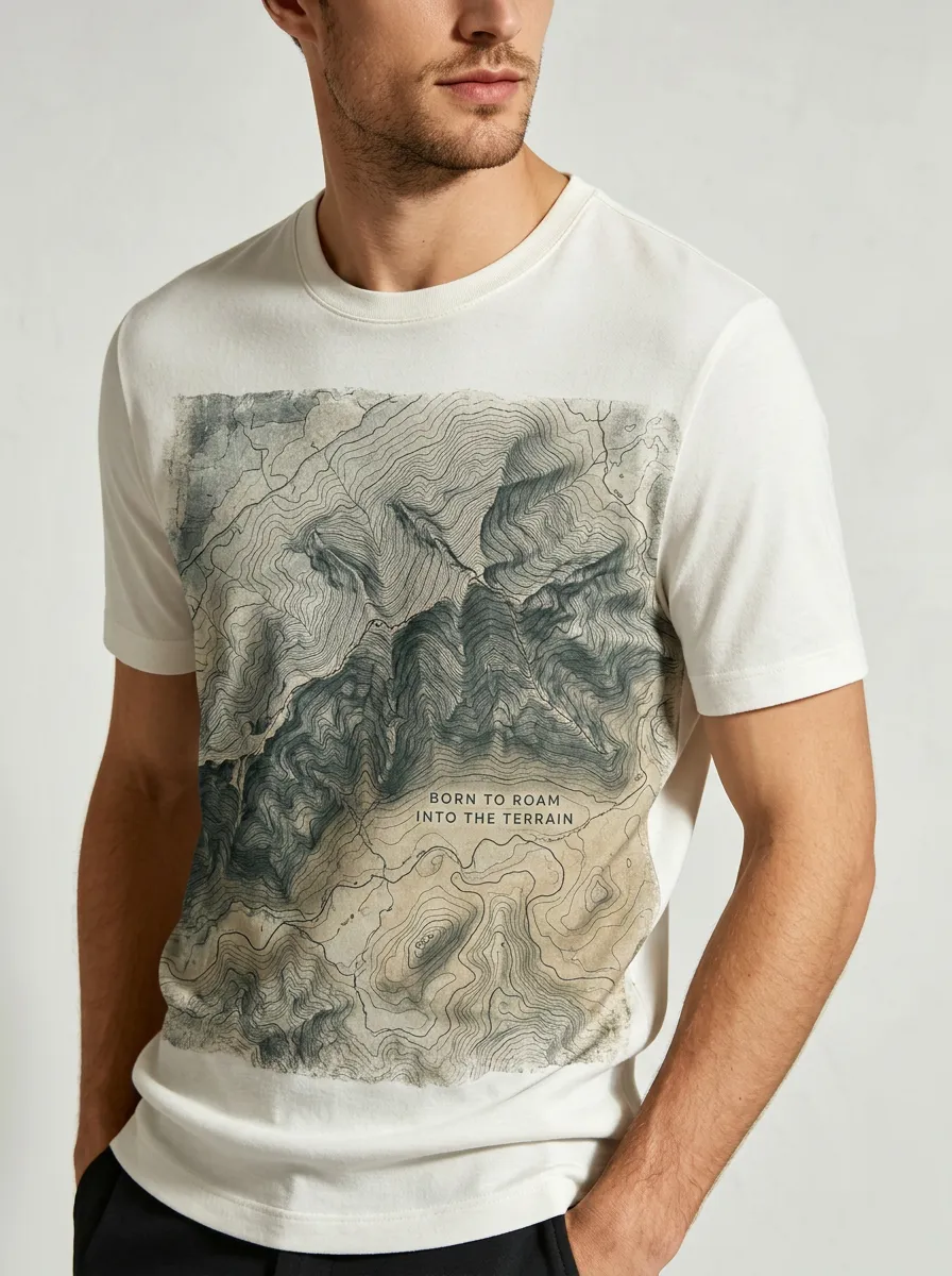 Men's Hiking Lover Topographic Map Born To Roam Printed T-shirt