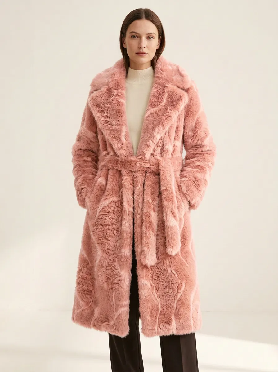 Open Front Faux Fur Belted Long Coat