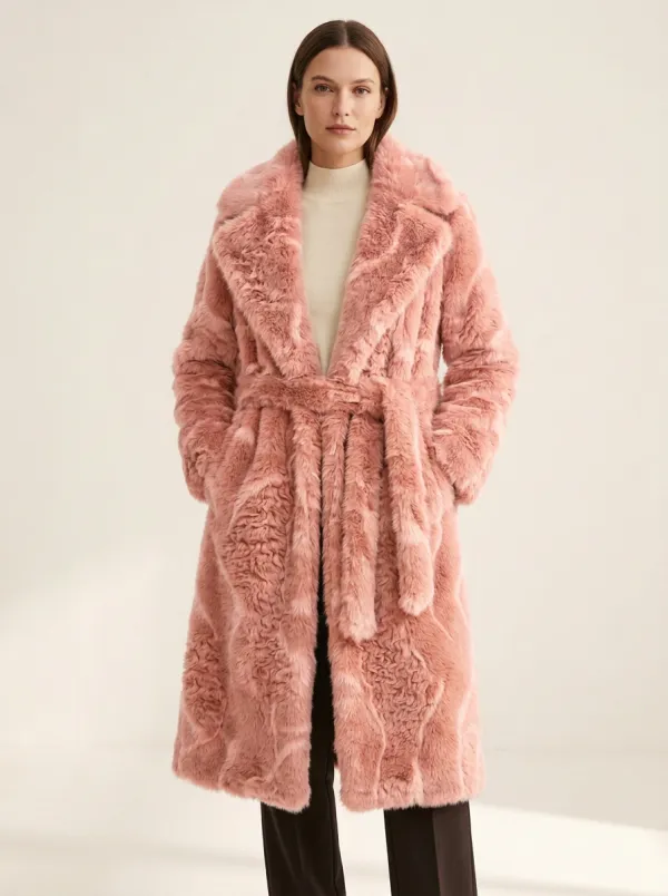 Open Front Faux Fur Belted Long Coat