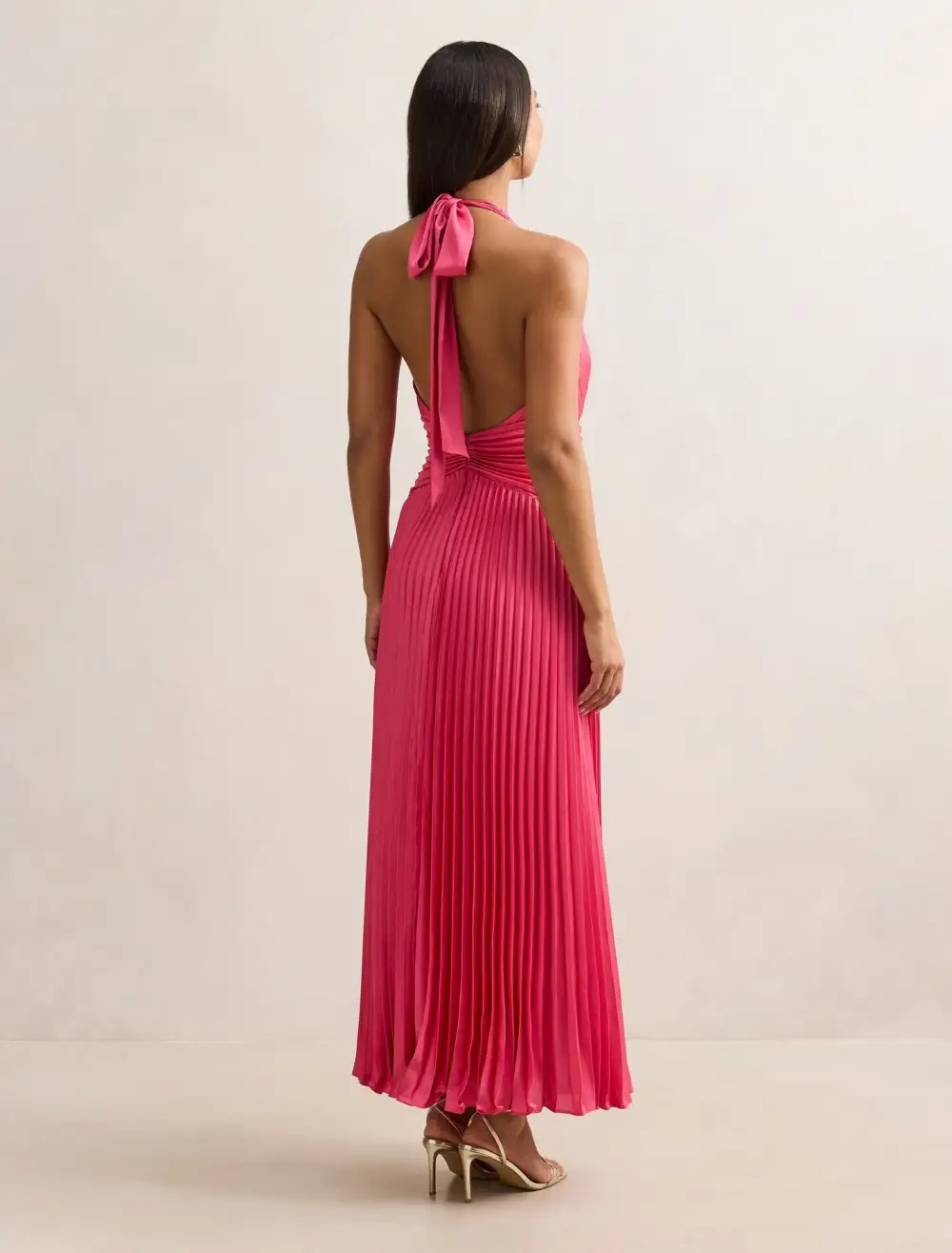Bright Pink Pleated Halter Neck Satin Maxi Dress