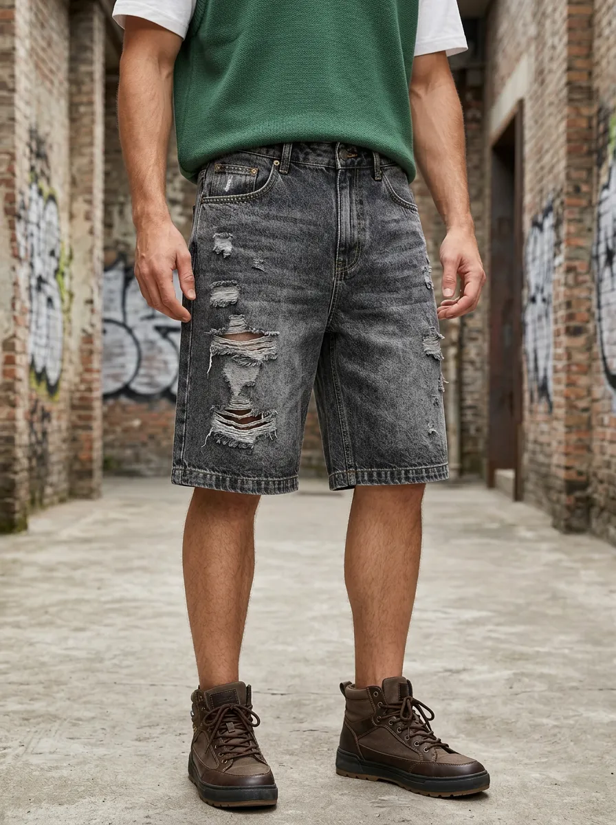 Men's Distressed Washed Grey Denim Shorts