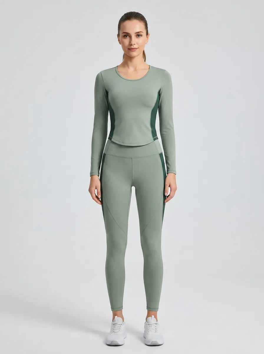 Women's Yoga Fitness Sage Green Color-Blocked Printed Sportswear Set