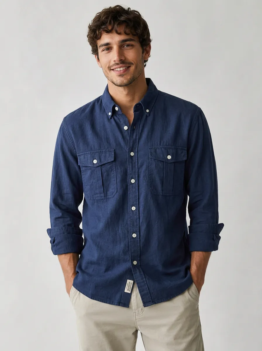Men's Casual Breathable Navy Blue Linen Button-Down Shirt