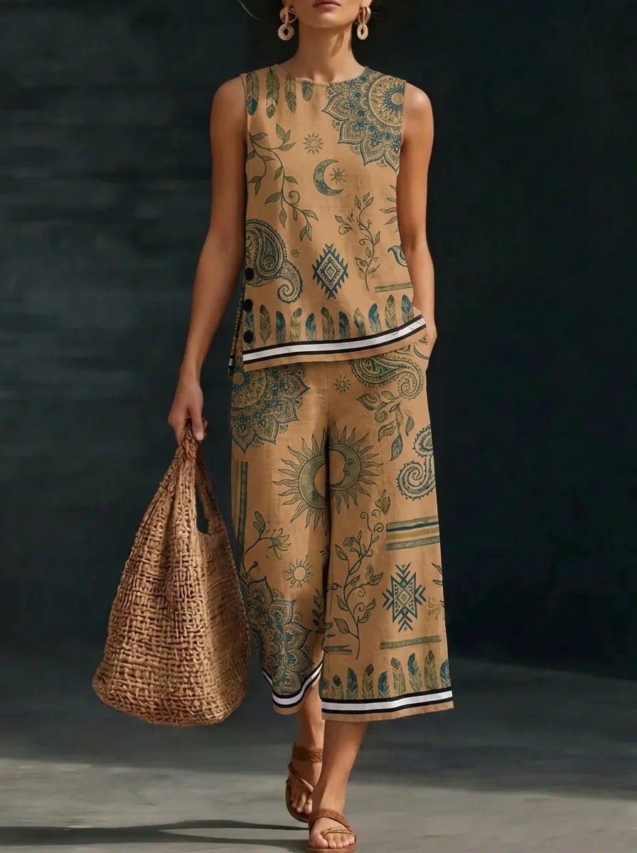 Women's Boho Celestial Sun Moon Paisley Printed Sleeveless Set