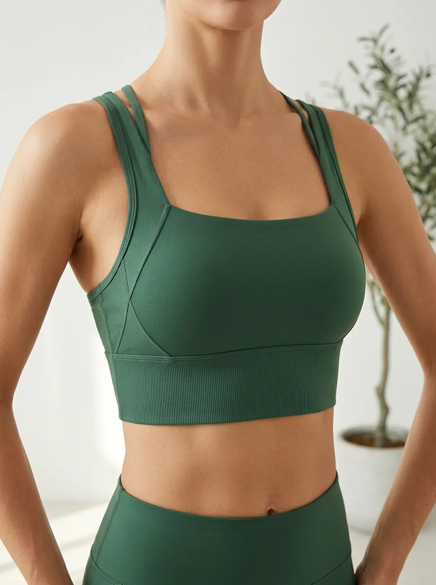 Women's Studio Square Neck Strappy Back Ribbed Sports Bra