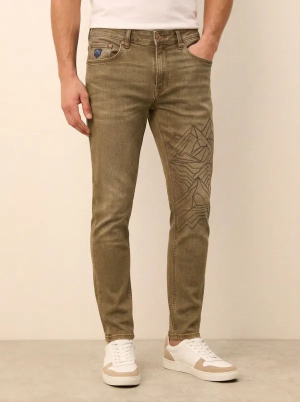 Men's Mid-Blue Mountain Landscape Geometric Stretch Jeans