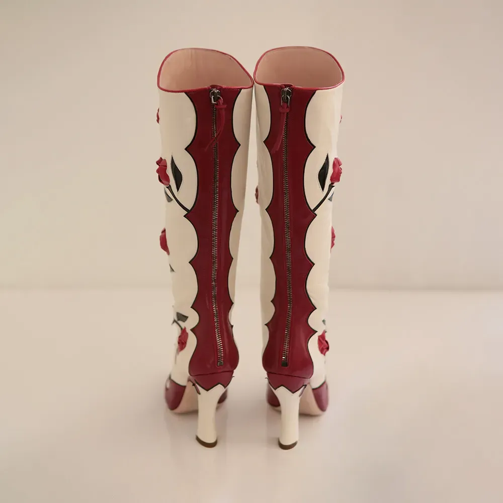Faux-Leather Zip-Up Pointed-Toe Spool-Heel Knee-High Boots