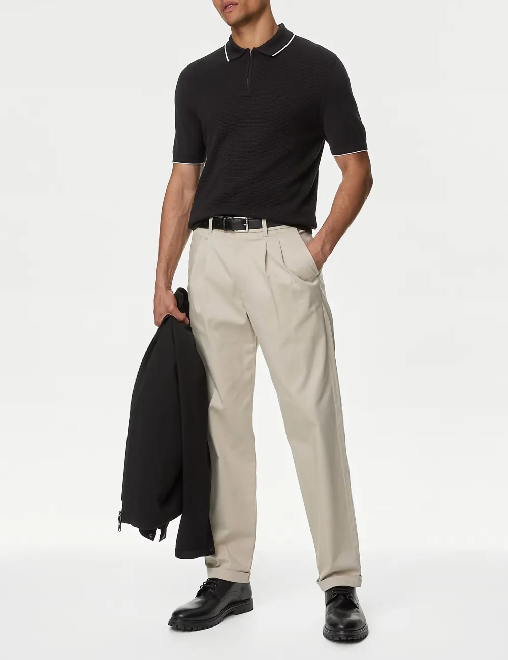 Men's Black Textured Knitted Polo Shirt