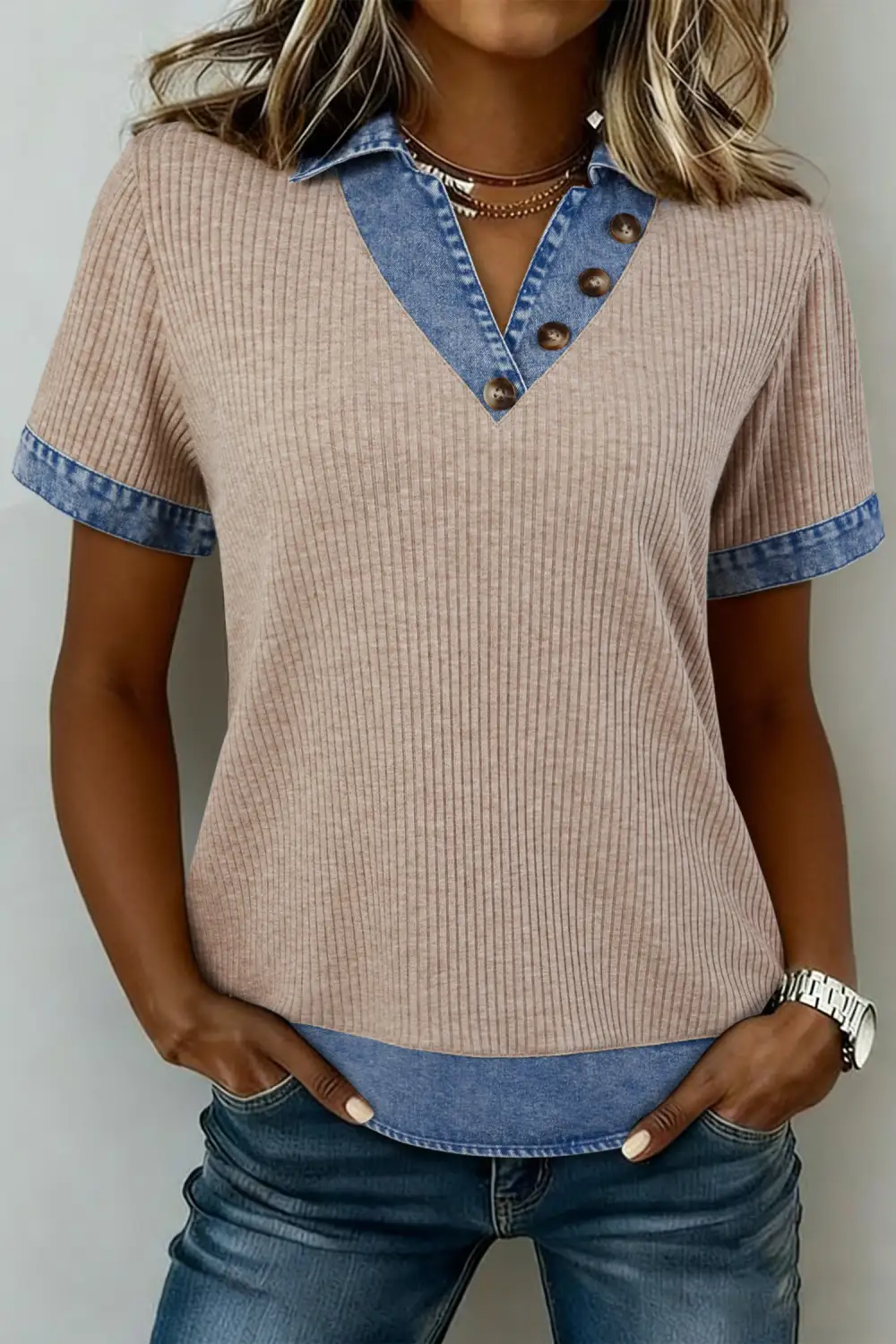 Women's Colorblock Patchwork Denim Top