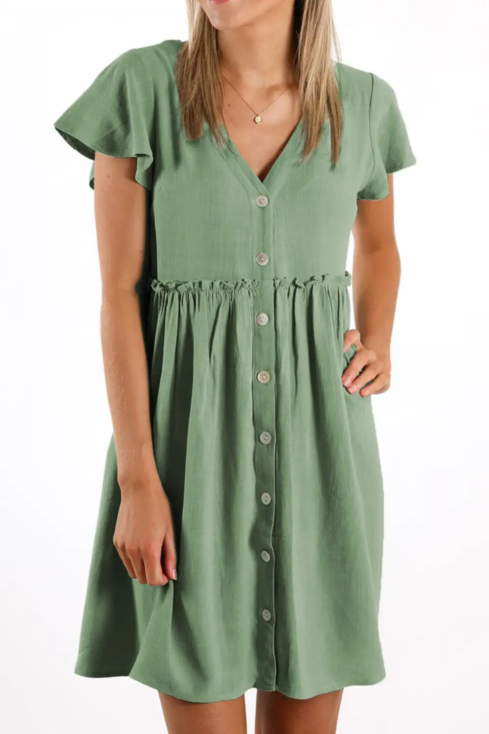 V Neck Buttoned Empire Waist Babydoll Mini Dress