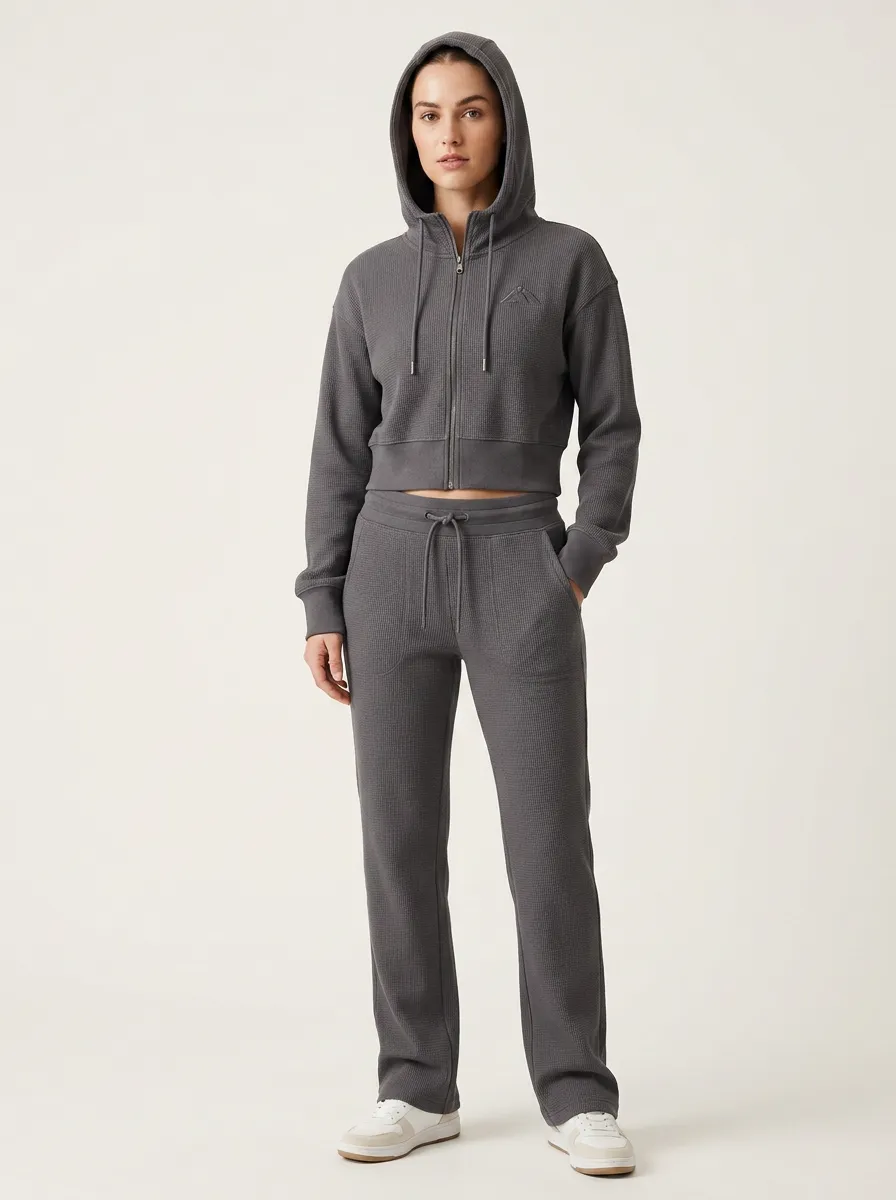 Women's Casual Sporty Waffle Knit Zip-Up Hoodie Jogger Set