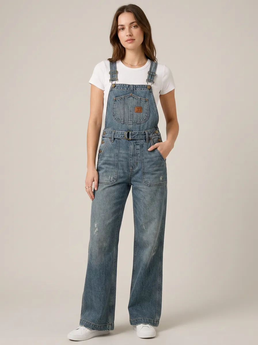Women's Distressed Belted Denim Overalls