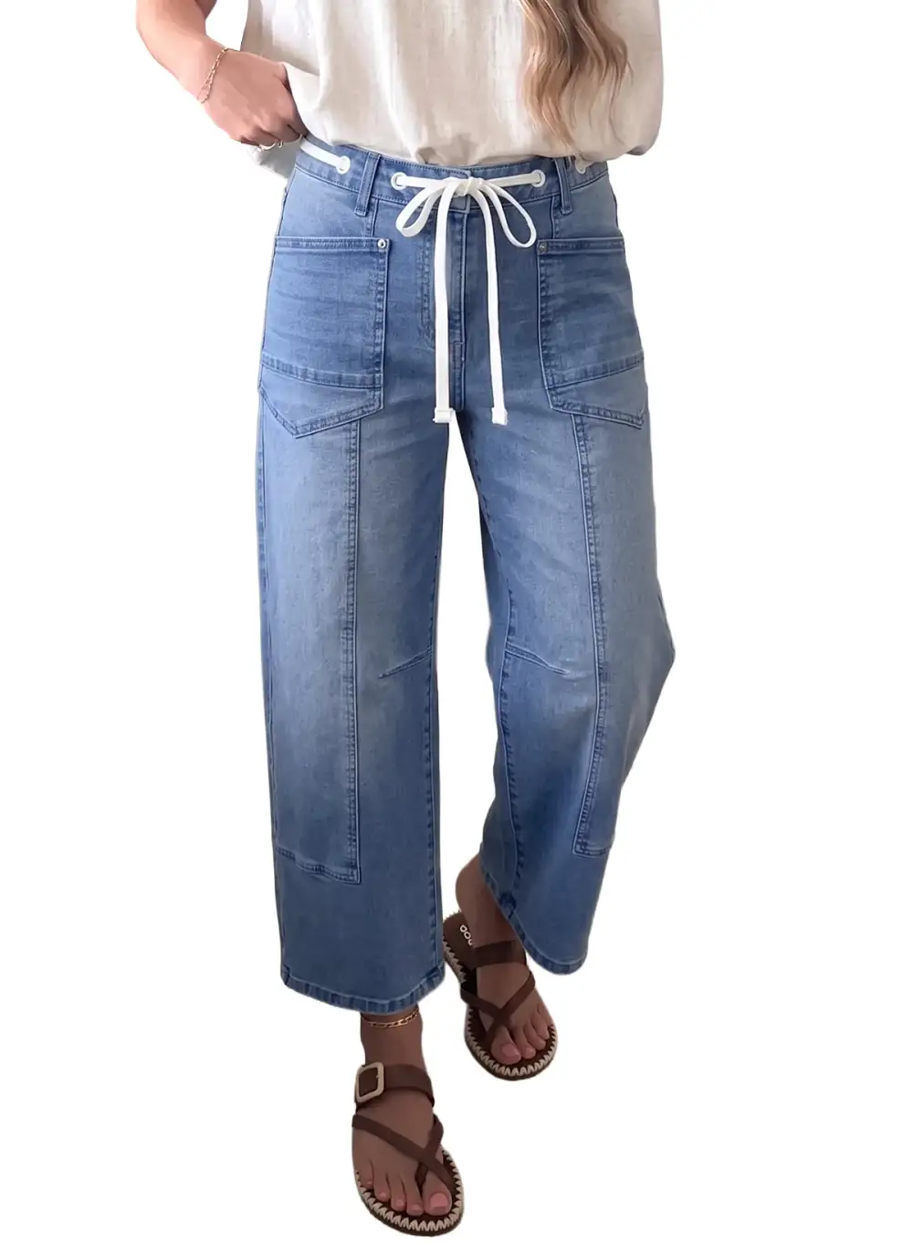 Women's Solid Patchwork Grommet Tie Waist Loose Ankle Length Jeans