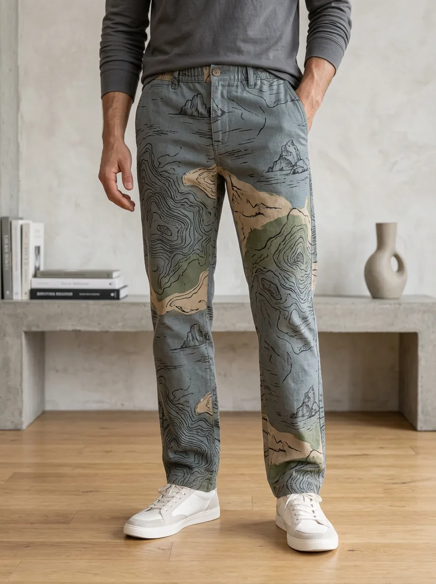 Men's Outdoor Hiking Topographic Map Printed Pants