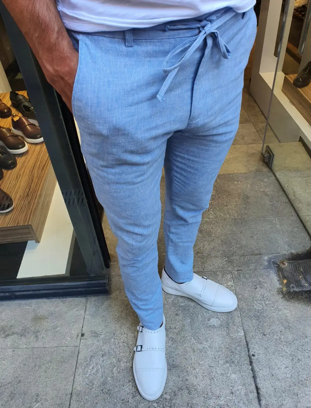 Refined Slim Fit Striped Linen Tailored Trousers