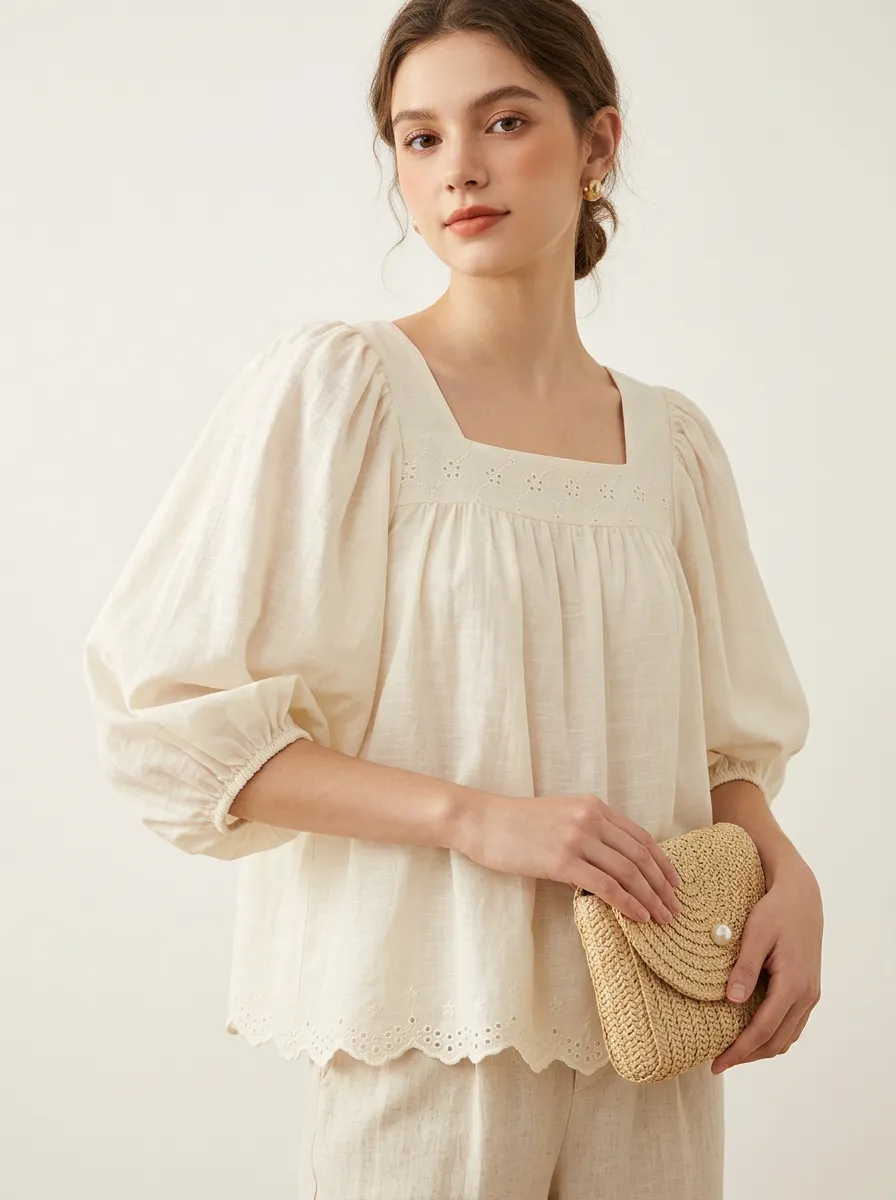 Embroidered Eyelet Women's Puff-Sleeve Blouse