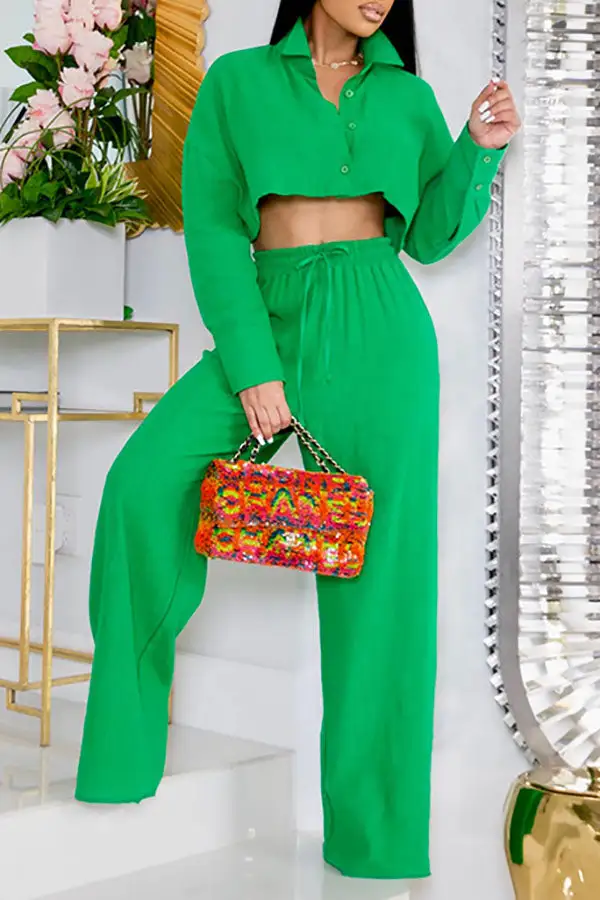 Solid Color Wide-Leg Collared Pant Set