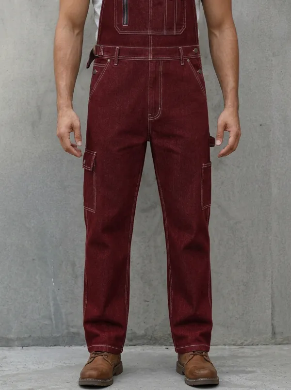 Men's Casual Workwear Dark Denim Multi-Pocket Bib Overalls