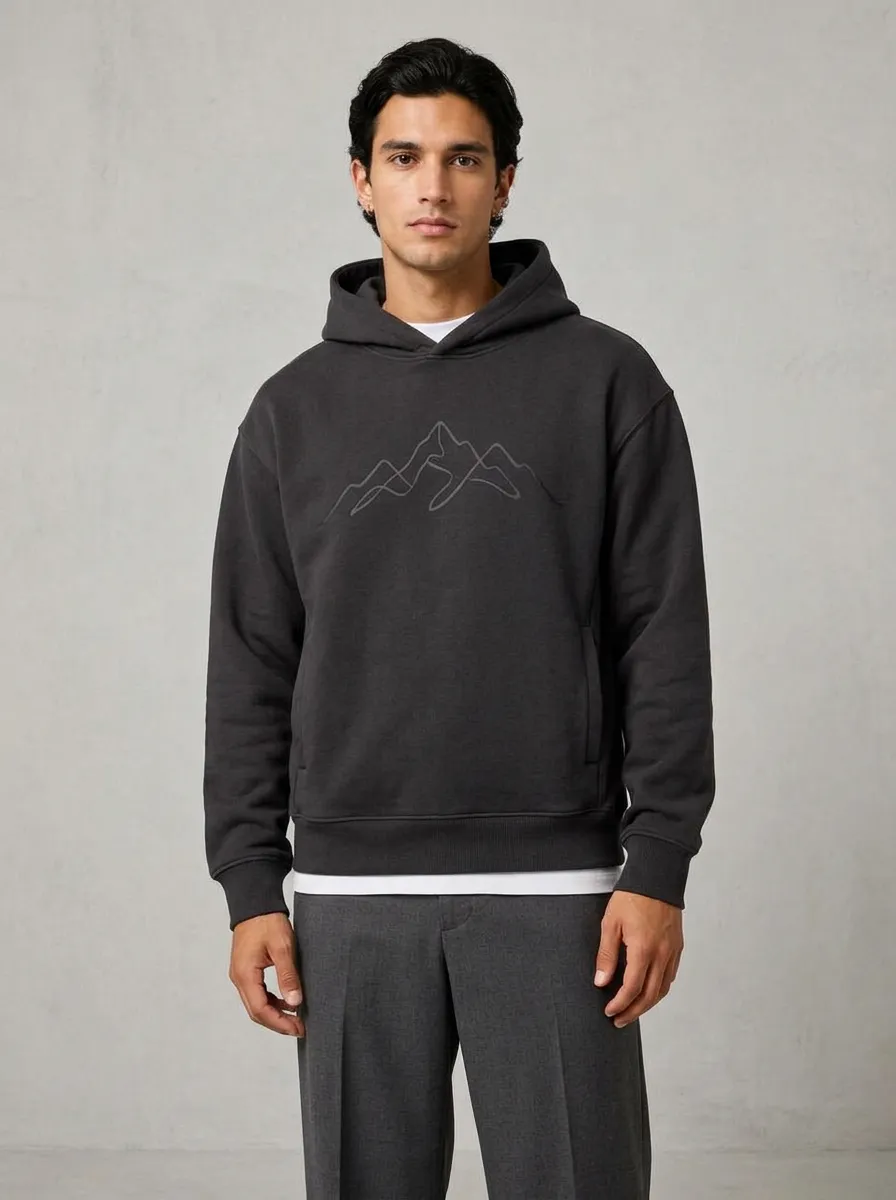 Men's Mountain Line Art Graphic Pullover Side-Pocket Hoodie