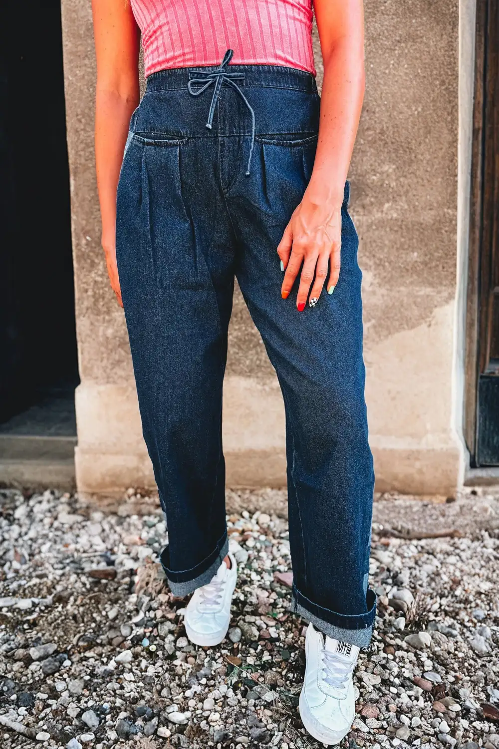 Women's Checkered Side Panel Patchwork Drawstring Loose Denim Pants