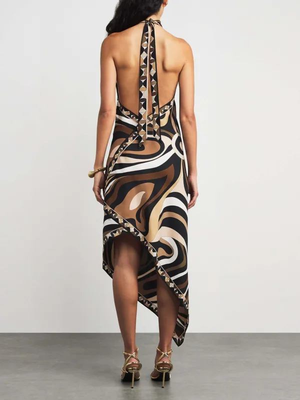 Satin Irregular Print Halterneck Midi Dress