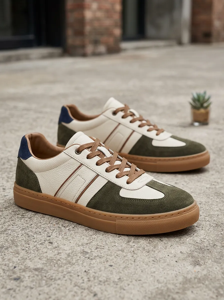 Men's Casual Vintage Olive Green Suede Leather Printed Shoes