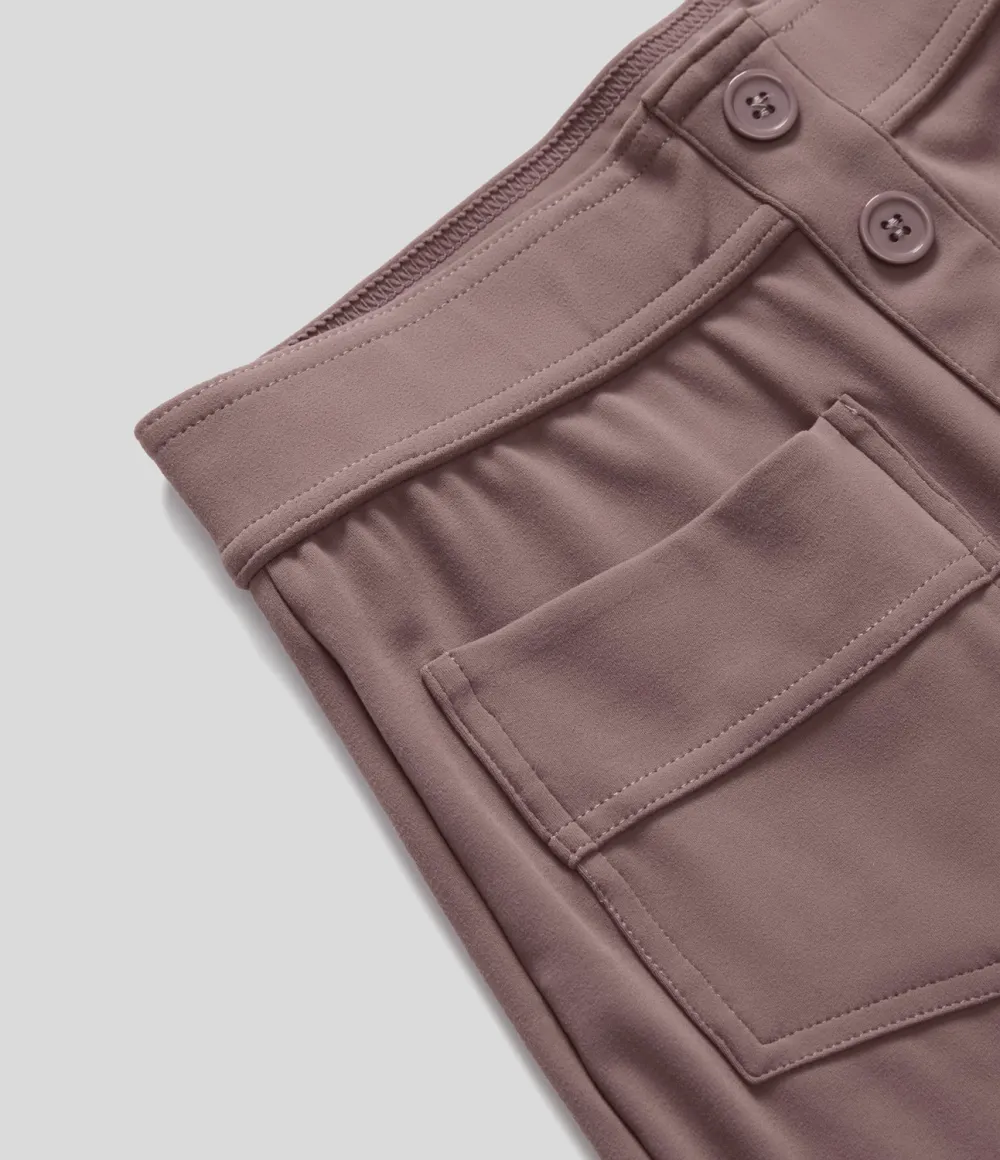 High Waisted Button Multiple Pockets Straight Leg Casual Pants