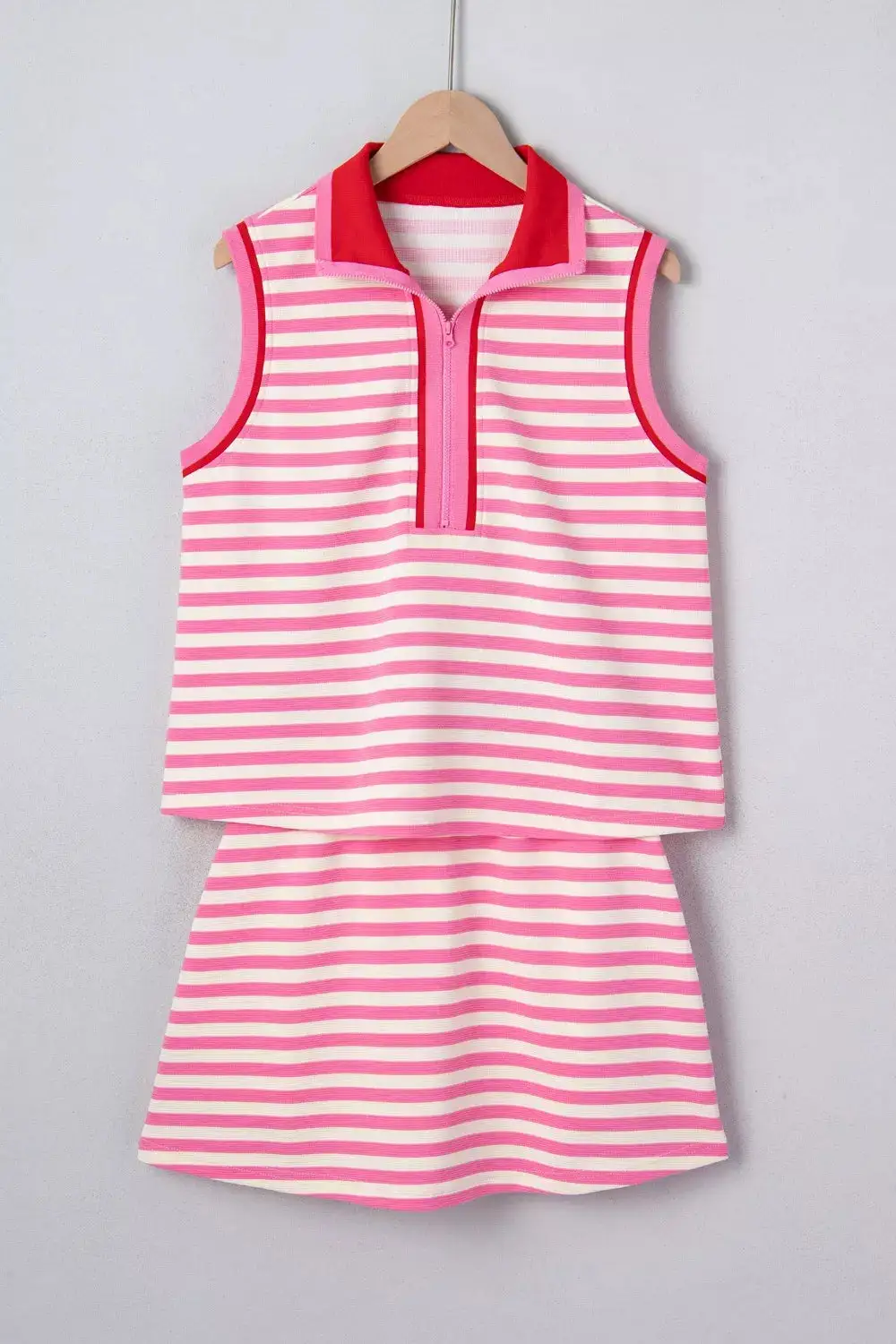 Half Zip Striped Sleeveless Top and Skirt Set