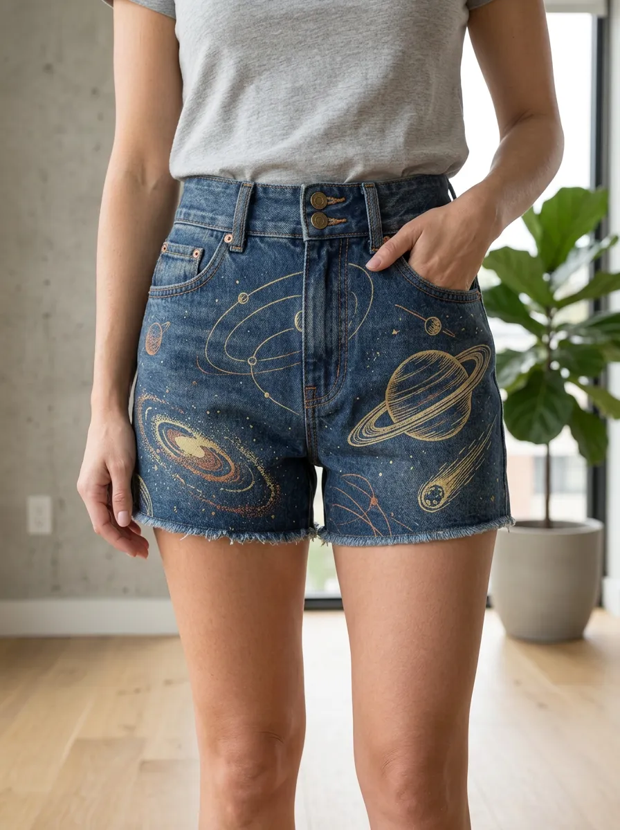 Women's Everyday Space Astronomy Lover Planet Printed Denim Shorts