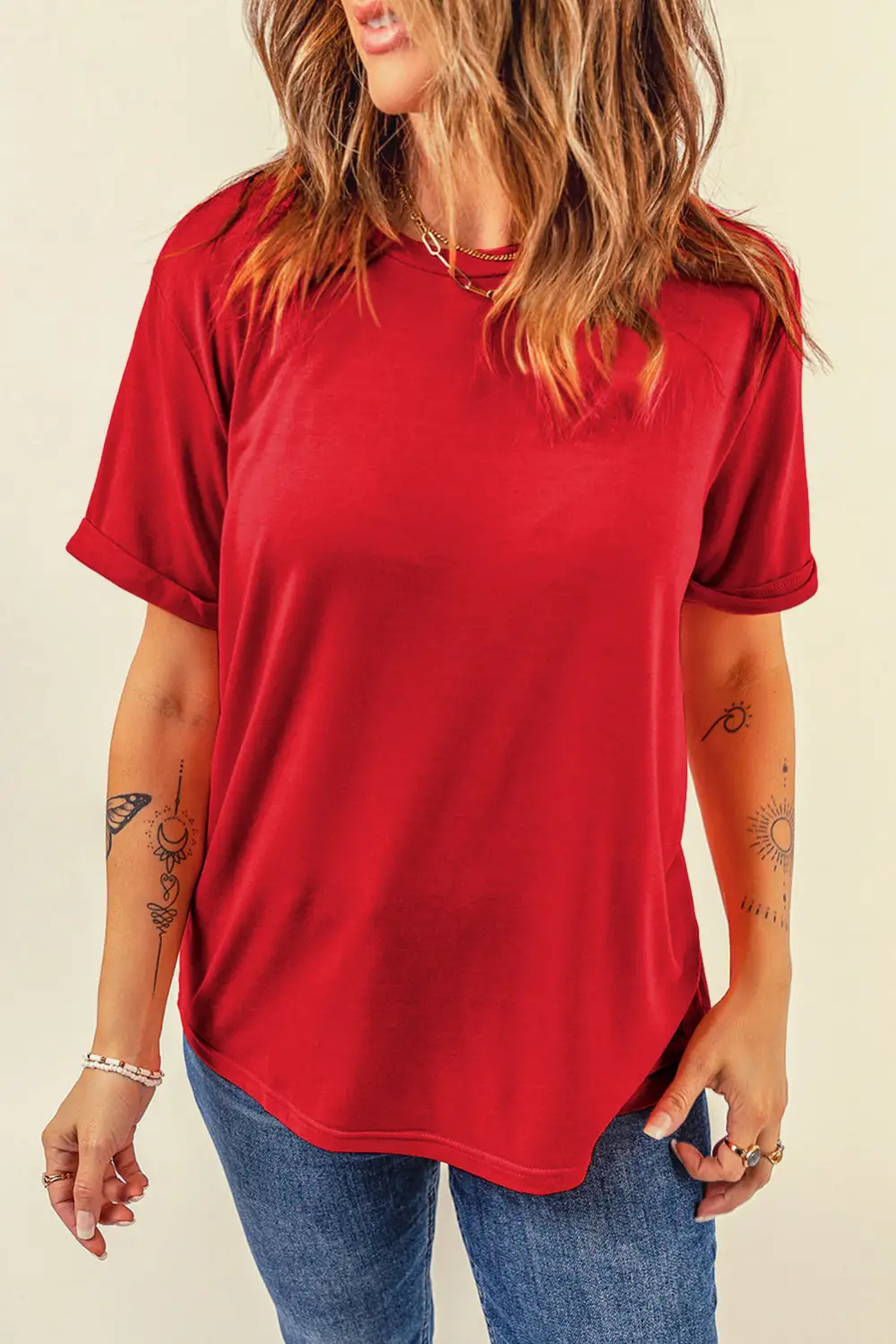 Red Casual Plain Crew Neck