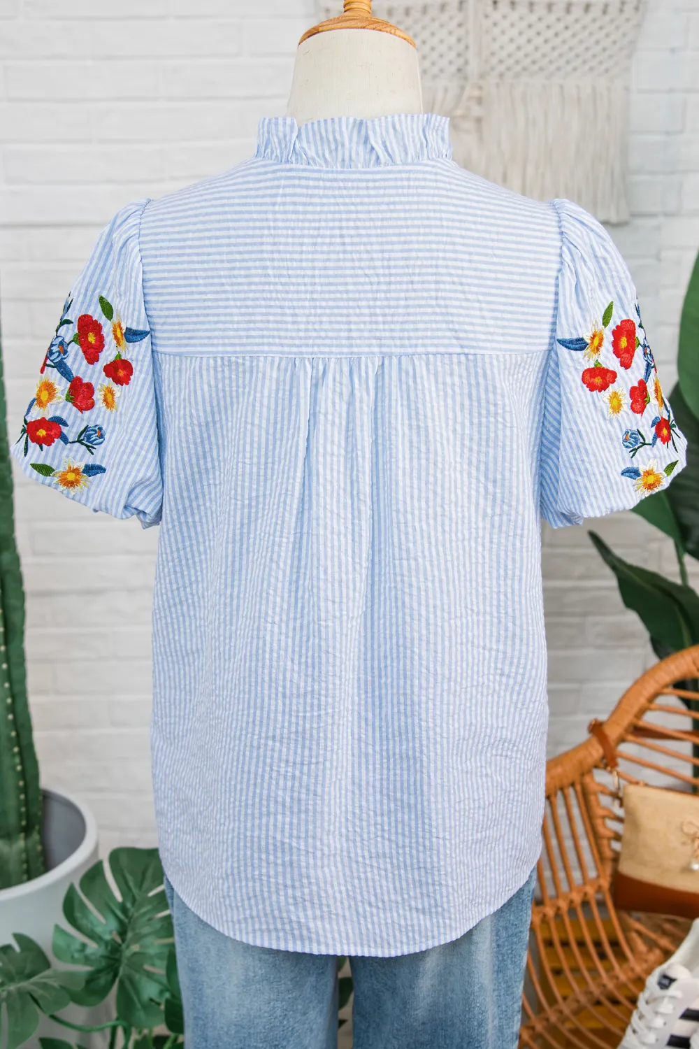 Sky Blue Stripe Floral Embroidered Shirt