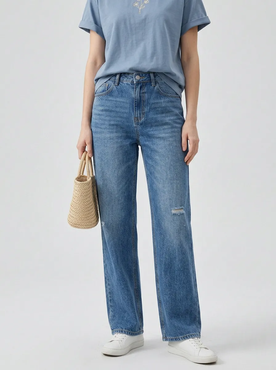 Women's Minimalist Floral Line Art Printed T-shirt and Jeans Set