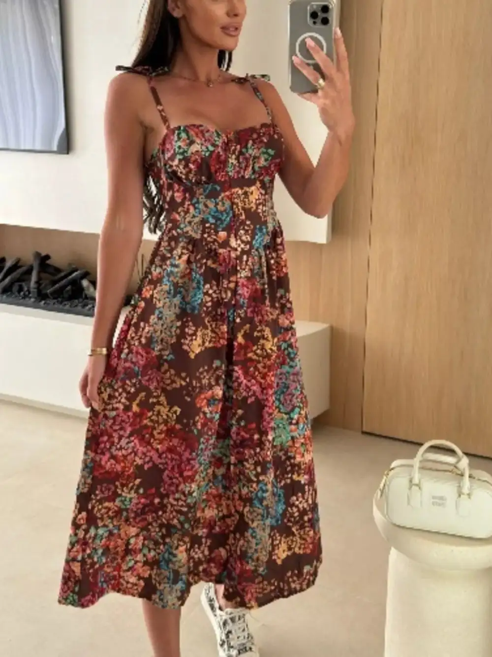 Printed Tie-strap Midi Dress