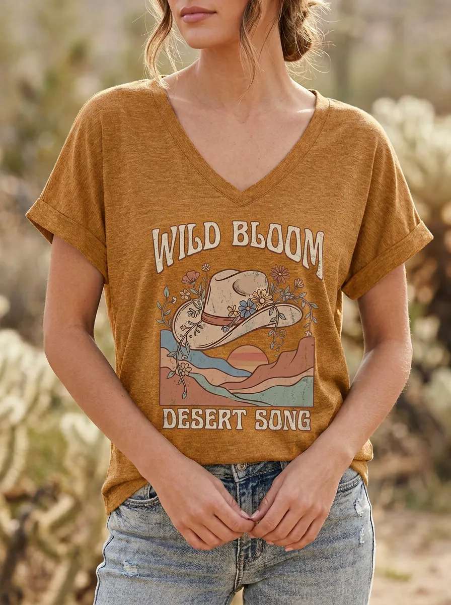 Cowboy-Hat Floral Desert Women's V-Neck T-Shirt