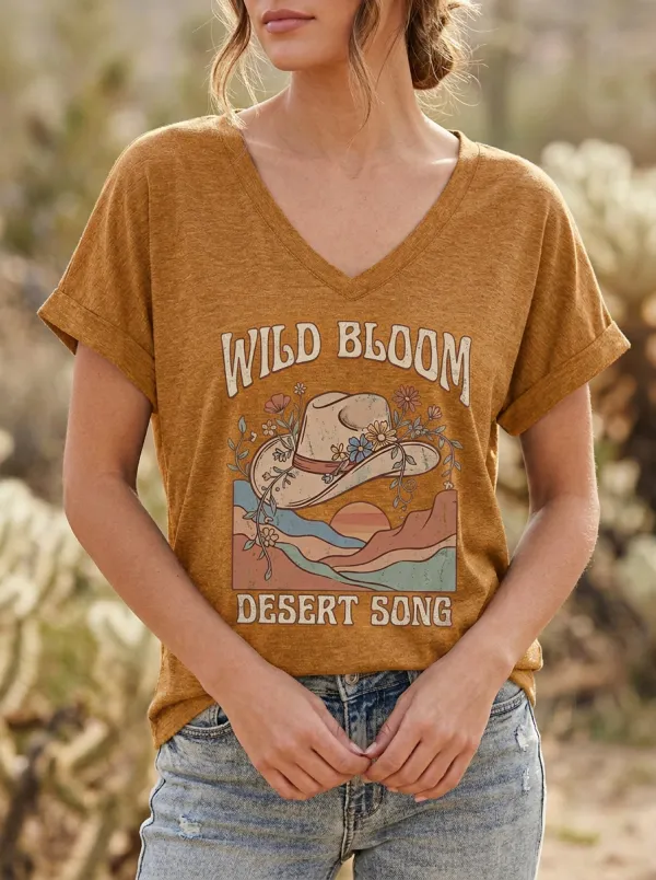 Cowboy-Hat Floral Desert Women's V-Neck T-Shirt