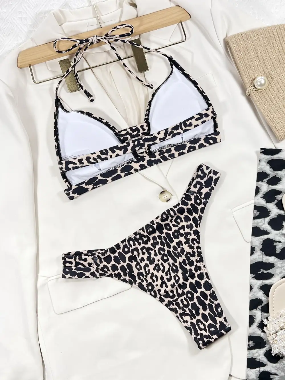 Leopard Panel Detail Halter Neck Bikini Swim Set