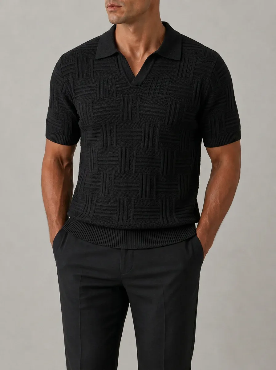 Men's Geometric Textured Black Knit Polo Shirt
