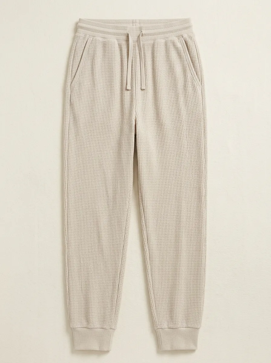 Casual Minimalist Beige Waffle Knit Jogger Pants for Unisex Wear