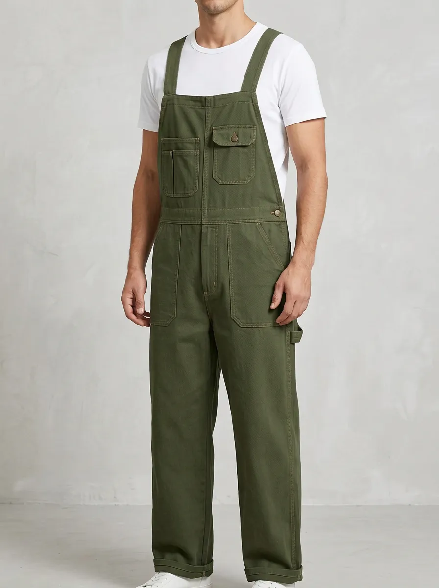 Men's Casual Utility Olive Green Cotton Overalls