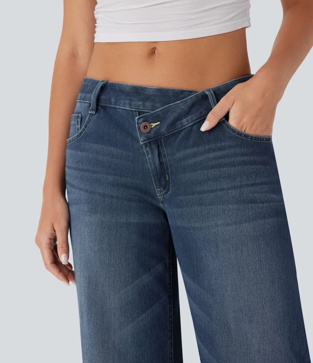Asymmetric Low Rise Zipper Pockets Baggy Wide Leg Washed Casual Jeans