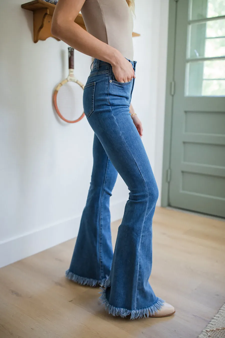 Elegant High Medium Wash Stretchy Flare Jeans