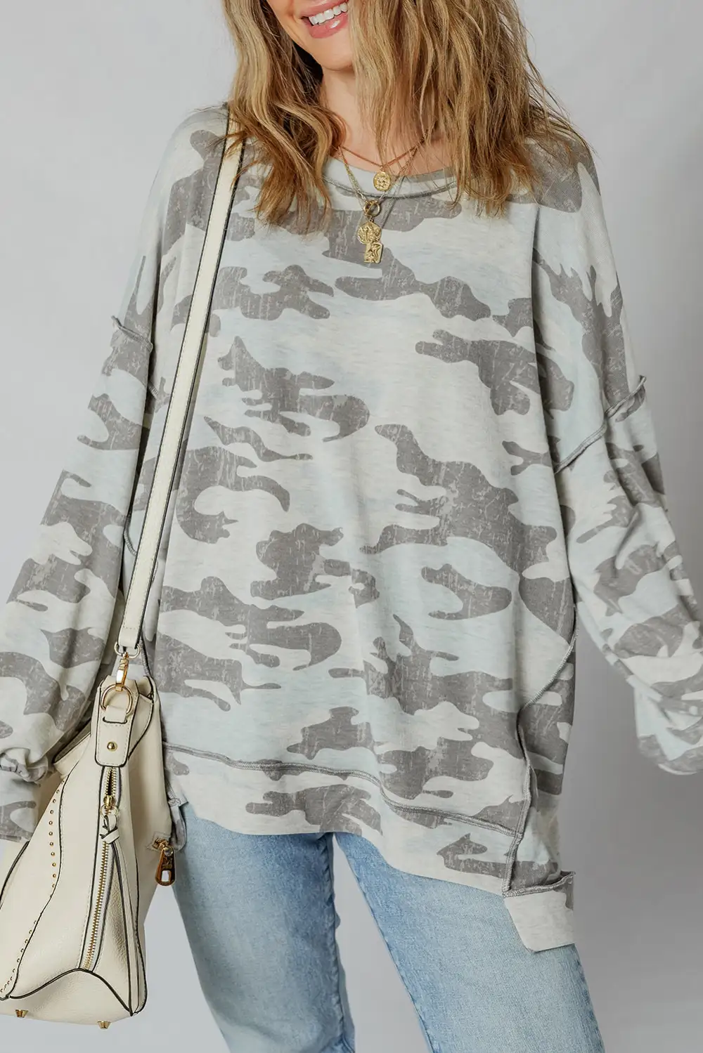 Easygoing Camo Print Patchwork Exposed Seam Sweatshirt