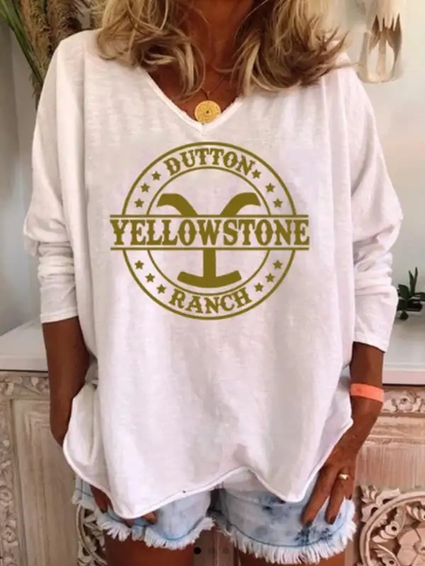 Women's T-Shirts Loose Print V-Neck Long Sleeve T-Shirt（⚡Clearance Sale）