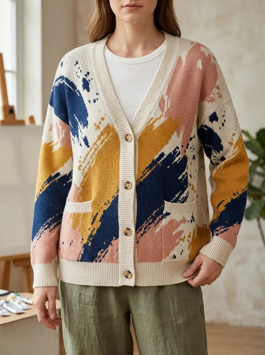 Women's Abstract Paint Stroke Pattern Printed Patch Pocket Everyday Layering Cardigan