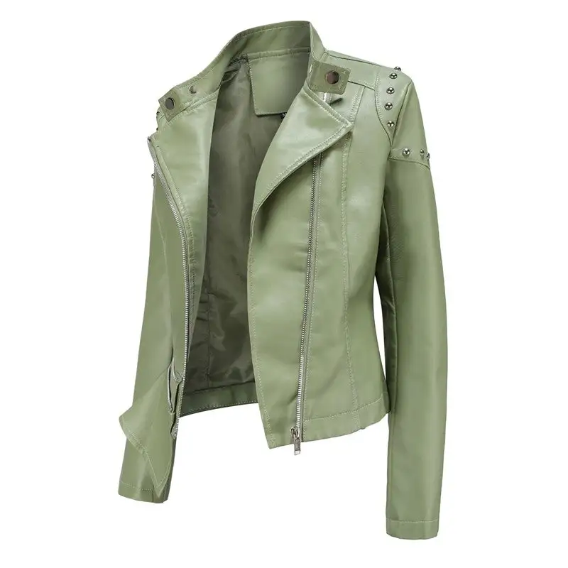 Stand-Collar Rivet-Detail Zip-Front Faux-Leather Leather Casual Outerwear Jacket